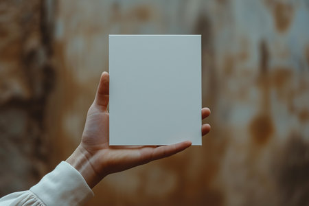 Hand-holding white paper for writing advertisements in public relations space. AI Generatedの素材