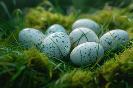 Above, top view of colorful Easter eggs on green grass with daisies in spring. AI Generatedの素材