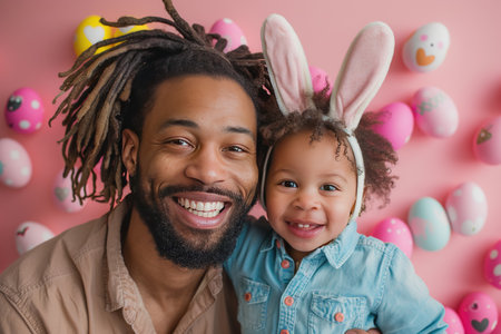 Happy Easter! family mother, father, and children paint eggs for the holiday. AI Generatedの素材