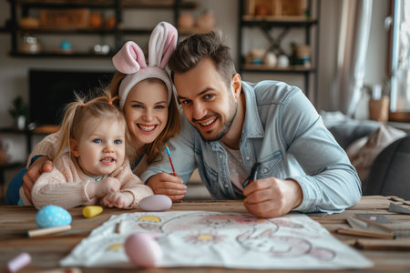 Happy Easter! family mother, father, and children paint eggs for the holiday. AI Generatedの素材