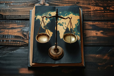 justice legal and jurisprudence concept. scales of justice and law books on the lawyer desk at a law firm.の素材