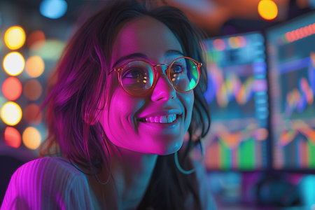 Happy woman trading stocks when the price goes up for stock trading. AI Generatedの素材