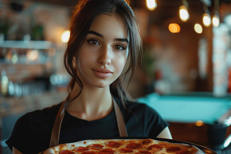 woman in a restaurant Carrying a pizza tray ready to eat inside the restaurant. AI Generatedの素材
