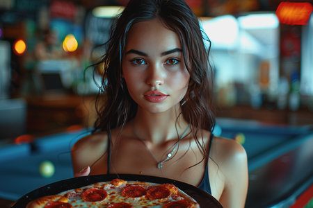 woman in a restaurant Carrying a pizza tray ready to eat inside the restaurant. AI Generatedの素材