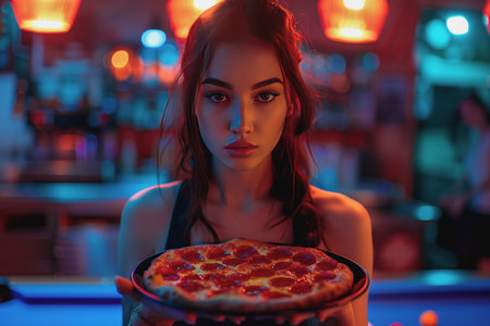 woman in a restaurant Carrying a pizza tray ready to eat inside the restaurant. AI Generatedの素材