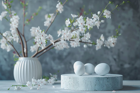 Geometric podium stands for product presentation, Easter eggs, on a gray background. AI Generatedの素材