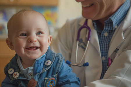 Pediatrician doctor and newborn baby patient in hospital examination room. AI Generatedの素材