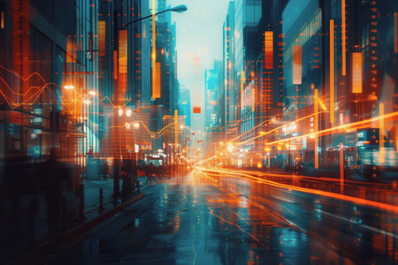Financial chart graph shining in the city with business and blurred night scene in the backgroundの素材