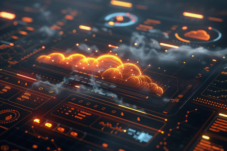 Cyber security cloud, detailed interfaces, dark background. AI Generatedの素材