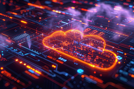 Cyber security cloud, detailed interfaces, dark background. AI Generatedの素材