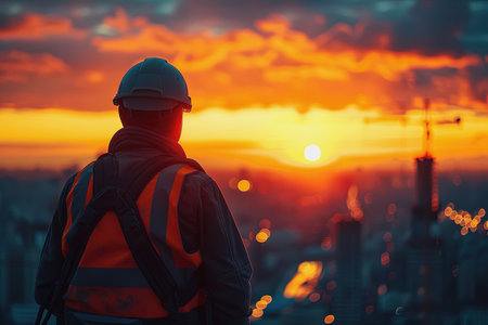 Silhouette of engineer inspecting construction building in the evening at sunset. AI Generatedの素材