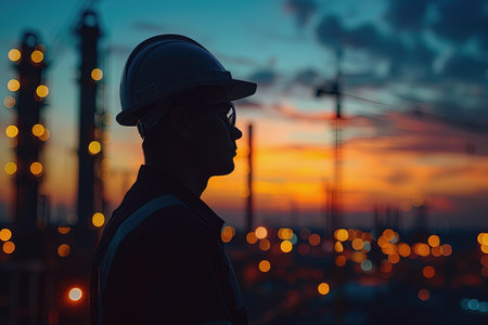 Silhouette of engineer inspecting construction building in the evening at sunset. AI Generatedの素材