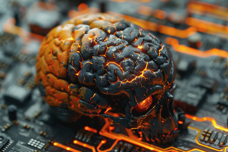 Circuit board with orange-black brain Suitable for technology and artificial intelligence concepts.の素材