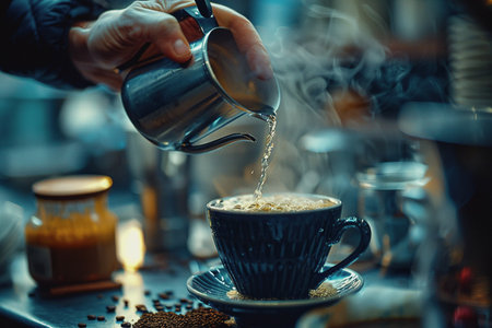 Male hand pouring water into filter coffee, coffee drip, hot coffee mug. AI Generatedの素材