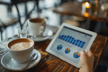 Young entrepreneur analyzing digital financial charts on a tablet, coffee shop setting. AI Generatedの素材