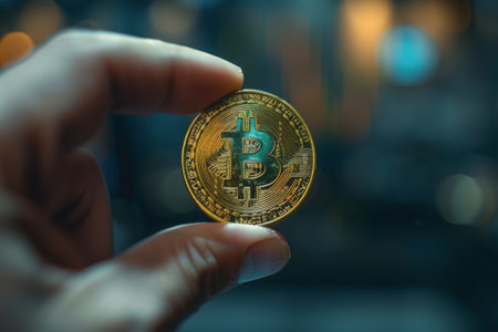 Close up of a hand holding a Bitcoin coin, blue halo around the coin. AI Generatedの素材