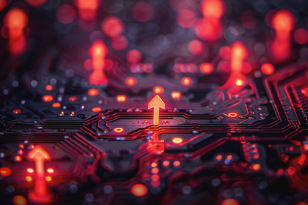 a computer circuit board, with some arrows pointing forward and up, rising, tech background.の素材