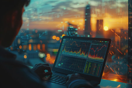 Businessman's hands working on finance, laptop computer with graphic diagrams, stock market. AIの素材