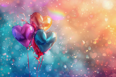 Colorful background with hearts and balloons, in the style of Lilia Alvarado, delicate flowers. AIの素材