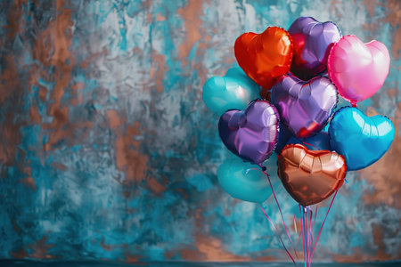 Colorful background with hearts and balloons, in the style of Lilia Alvarado, delicate flowers. AIの素材