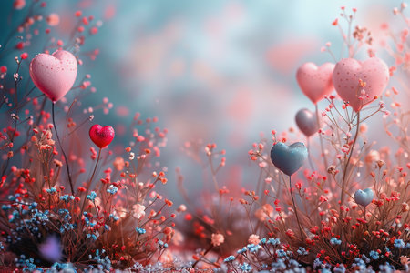 Colorful background with hearts and balloons, in the style of Lilia Alvarado, delicate flowers. AIの素材