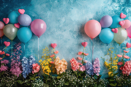 Colorful background with hearts and balloons, in the style of Lilia Alvarado, delicate flowers. AIの素材