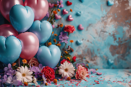 Colorful background with hearts and balloons, in the style of Lilia Alvarado, delicate flowers. AIの素材