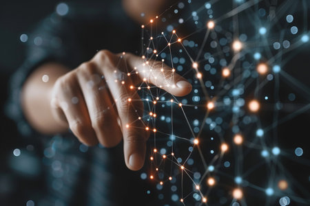 Man hand touching Global Internet connection. Financial and Digital link tech big data. AI Generatedの素材