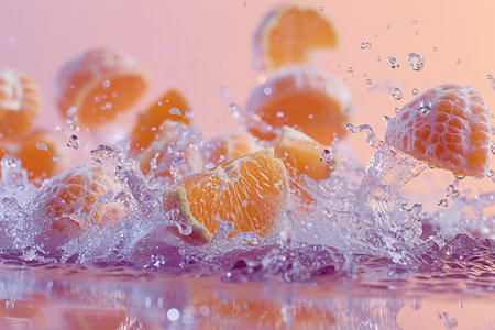 A colorful backdrop has orange fruit pieces floating in the air. water droplets splash. AI Generatedの素材
