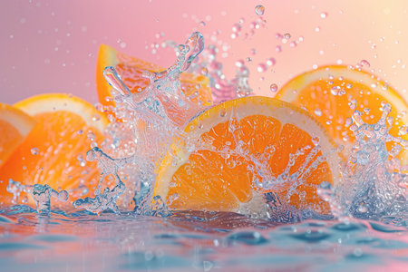 A colorful backdrop has orange fruit pieces floating in the air. water droplets splash. AI Generatedの素材