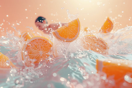 A colorful backdrop has orange fruit pieces floating in the air. water droplets splash. AI Generatedの素材