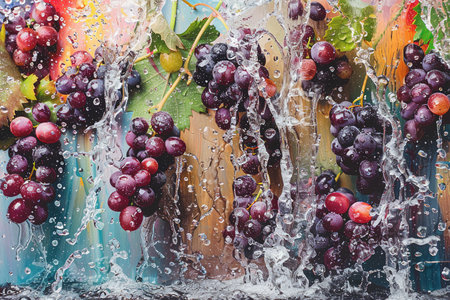 A colorful backdrop has grape chunks floating in the air. water drops splash. AI Generatedの素材