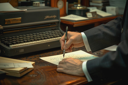 Businessman is hand holding a pen and writing a paper report in the office. AI Generatedの素材