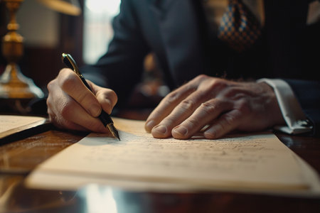 Businessman is hand holding a pen and writing a paper report in the office. AI Generatedの素材