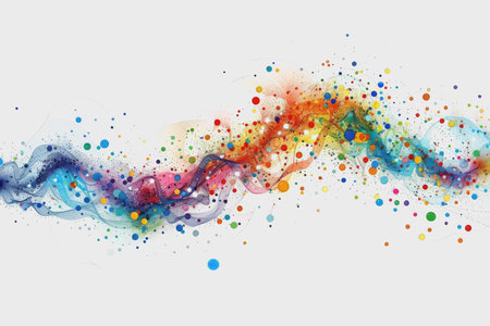 Abstract futuristic wave with colorful lines connecting dots. digital data communication background.の素材