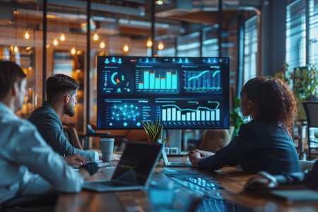 Business team meeting in modern room Analyze graphs on screens and laptops. AI Generatedの素材