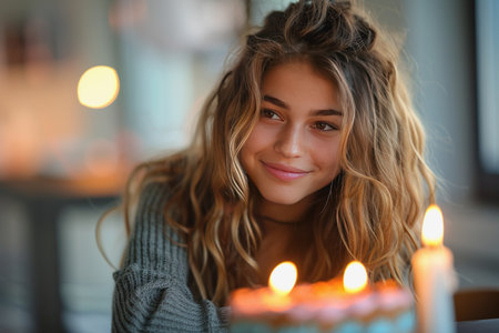 Young beautiful girl with a birthday cake, anniversary celebration, excited, happy, emotional. AIの素材