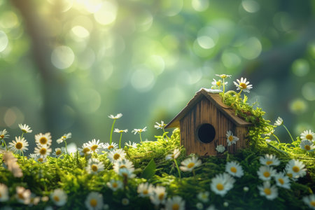 Green energy photo with blurred background There is a small wooden house, copy space. AI Generatedの素材