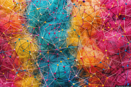 Abstract futuristic wave with colorful lines connecting dots. digital data communication background, cyber plexus design. Big data visualization.の素材