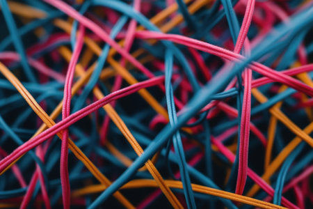 Abstract futuristic wave with colorful lines connecting dots. digital data communication background, cyber plexus design. Big data visualization.の素材