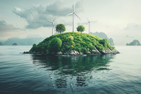 Advanced clean energy sources power sustainable landscapes. AI Generatedの素材