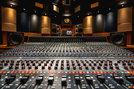 High-definition recording studio, crystal-clear sound with visually striking LED panel designs.の素材