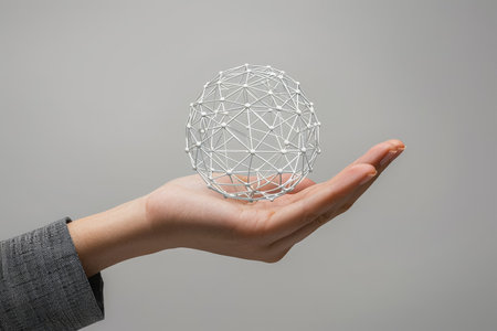 Interface network connects sphere on business hand. AI Generatedの素材