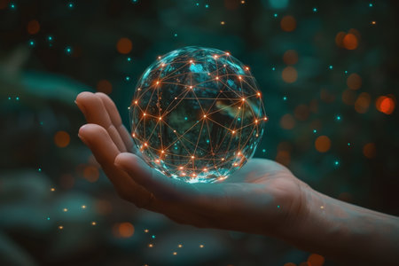Interface network connects sphere on business hand. AI Generatedの素材