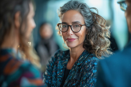 middle-aged businesswoman with specs shaking hands with other women in an office space background.の素材