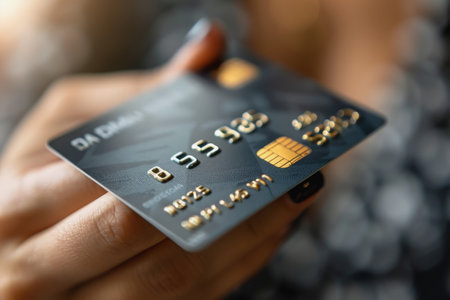 Photo pour Close-up A woman uses her hand to hold a credit card used for paying with an online product card. - image libre de droit