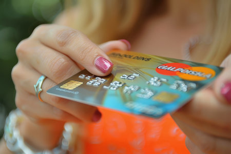 Close-up A woman uses her hand to hold a credit card used for paying with an online product card.の素材