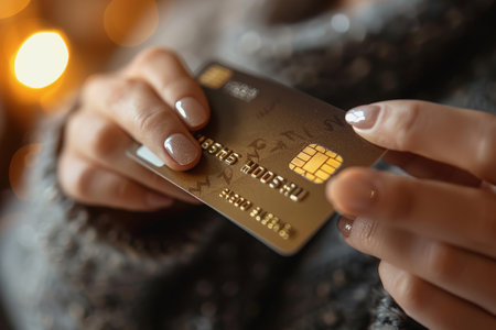 Close-up A woman uses her hand to hold a credit card used for paying with an online product card.の素材