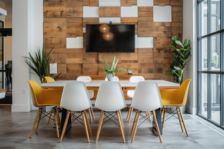 The conference room interior of a modern office with white walls and a monitor. AI Generatedの素材