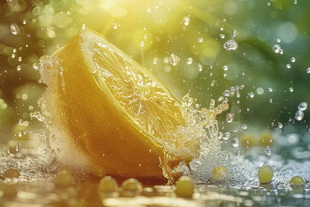 Close-up of lemon slices falling into splashing water. yellow-green background. AI Generatedの素材